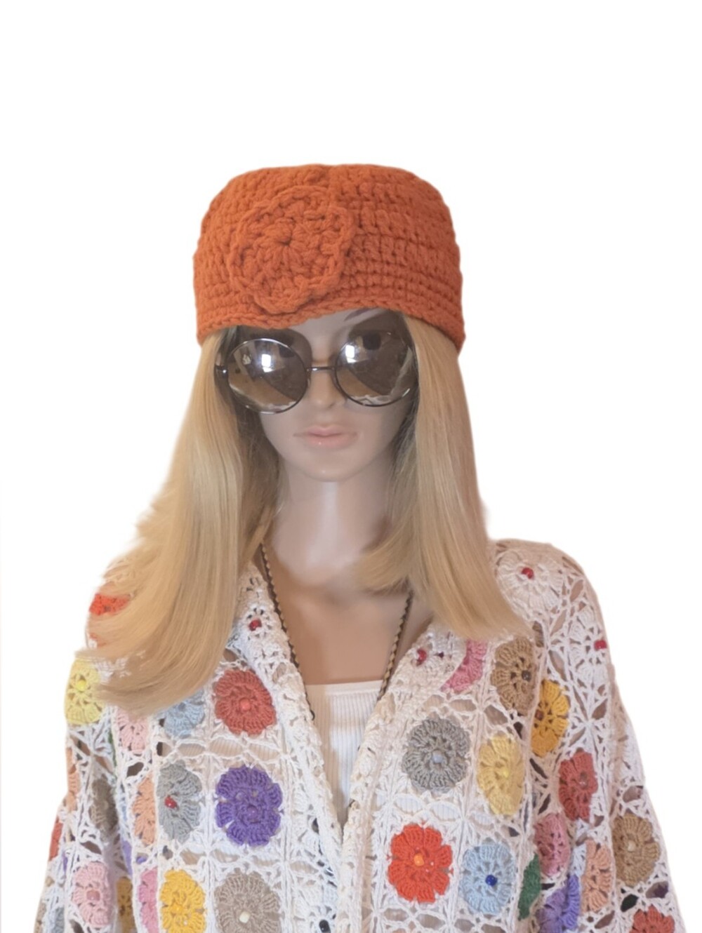 Terracotta Orange Hand Crochet Floral Beanie Hat